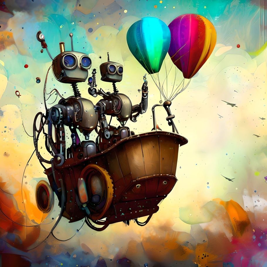 Crazy Robots Two funny robots in a flying machine