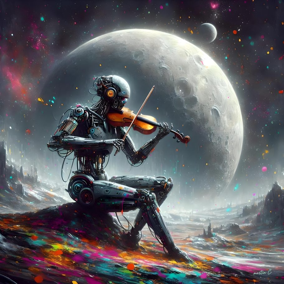 Violin Lament A robot plays the violin on a strange planet