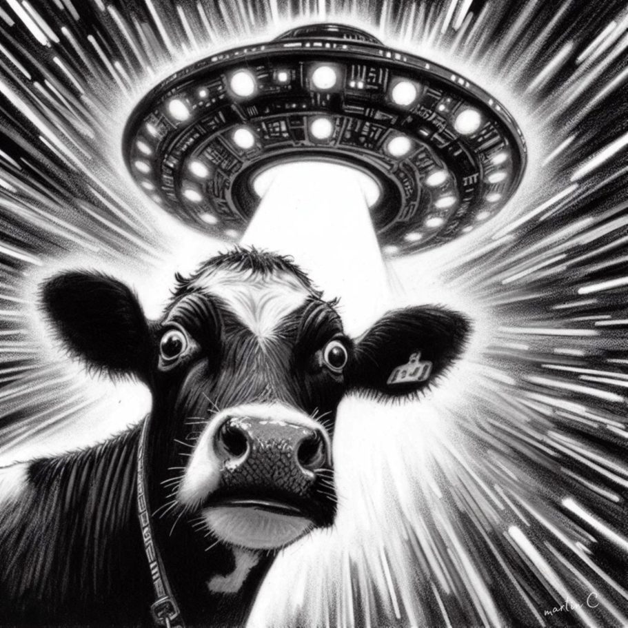 Vache surprise ! A surprised cow about to be abducted by a UFO