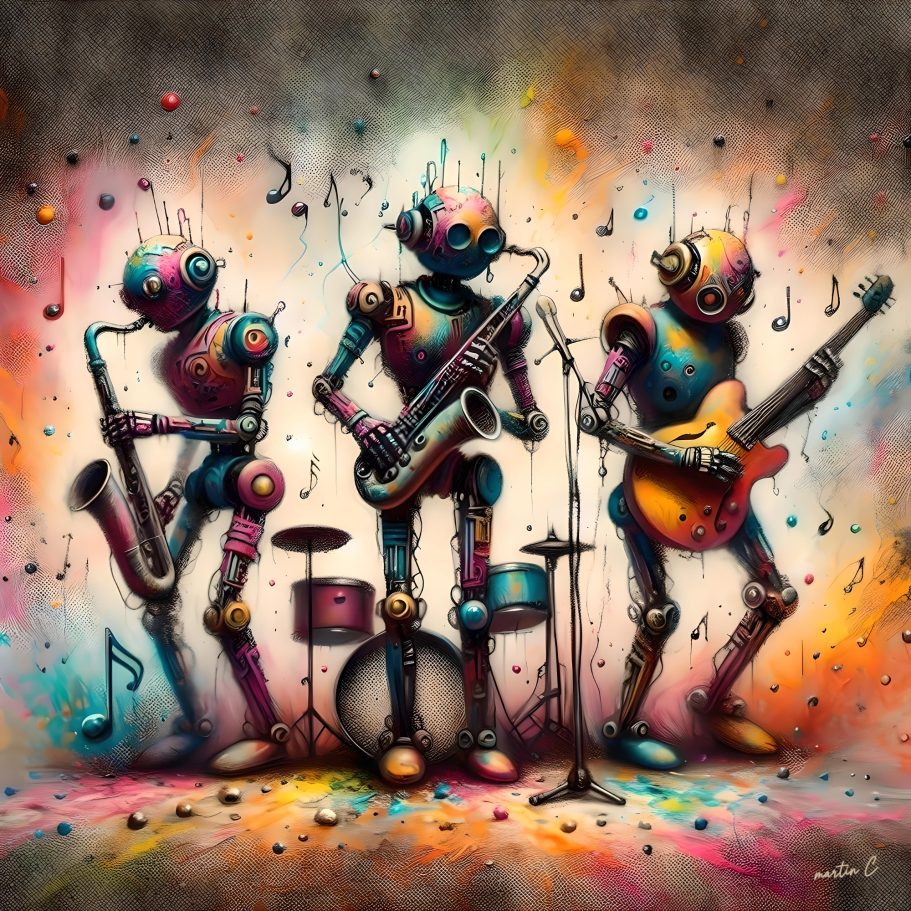 Trois amis Three robot musicians playing jazz