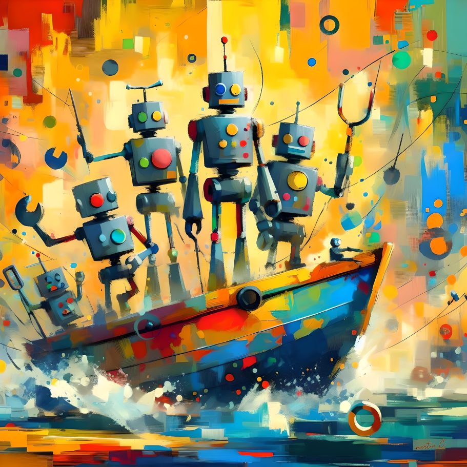Les aventuriers Comical robot adventures on a boat